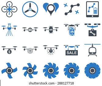 Air drone and quadcopter tool icons. Icon set style: flat vector bicolor images, smooth blue symbols, isolated on a white background.