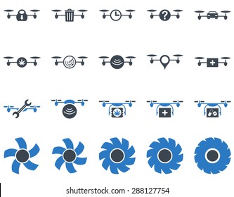 Air drone and quadcopter tool icons. Icon set style: flat vector bicolor images, smooth blue symbols, isolated on a white background.