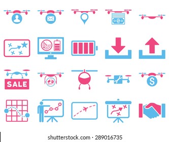 Air drone and quadcopter tool icons. Icon set style: flat vector bicolor images, pink and blue symbols, isolated on a white background.
