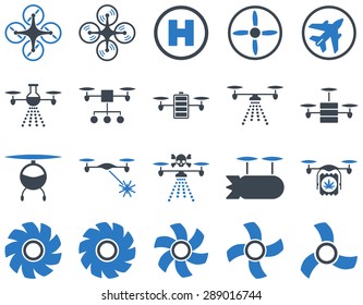 Air drone and quadcopter tool icons. Icon set style: flat vector bicolor images, smooth blue symbols, isolated on a white background.
