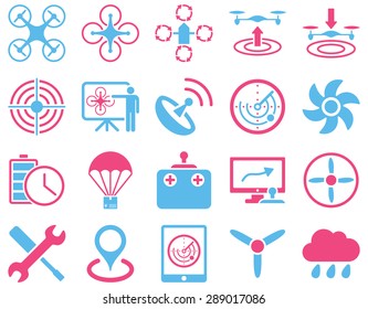 Air drone and quadcopter tool icons. Icon set style: flat vector bicolor images, pink and blue symbols, isolated on a white background.