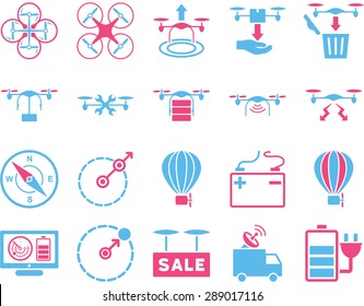 Air drone and quadcopter tool icons. Icon set style: flat vector bicolor images, pink and blue symbols, isolated on a white background.