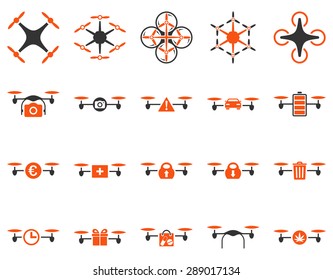 Air drone and quadcopter tool icons. Icon set style: flat vector bicolor images, orange and gray symbols, isolated on a white background.