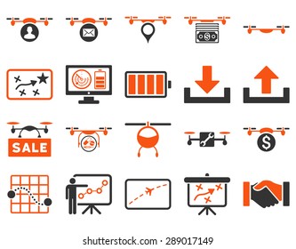 Air drone and quadcopter tool icons. Icon set style: flat vector bicolor images, orange and gray symbols, isolated on a white background.