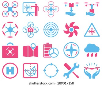Air drone and quadcopter tool icons. Icon set style: flat vector bicolor images, pink and blue symbols, isolated on a white background.