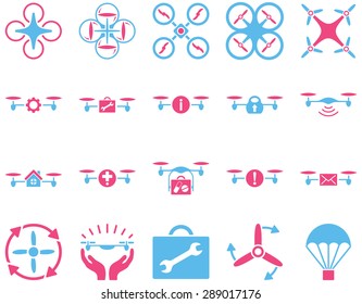 Air drone and quadcopter tool icons. Icon set style: flat vector bicolor images, pink and blue symbols, isolated on a white background.