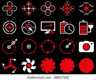 Air drone and quadcopter tool icons. Icon set style: flat vector bicolor images, red and white symbols, isolated on a black background.