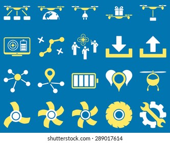 Air drone and quadcopter tool icons. Icon set style: flat vector bicolor images, yellow and white symbols, isolated on a blue background.