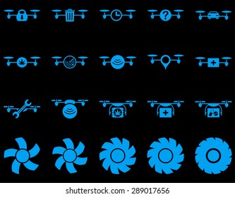 Air drone and quadcopter tool icons. Icon set style: flat vector images, blue symbols, isolated on a black background.