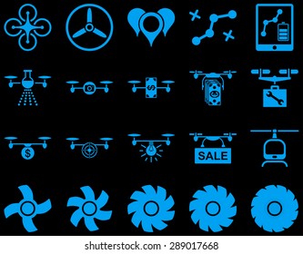Air drone and quadcopter tool icons. Icon set style: flat vector images, blue symbols, isolated on a black background.