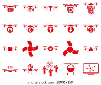 Air drone and quadcopter tool icons. Icon set style: flat vector images, red symbols, isolated on a white background.