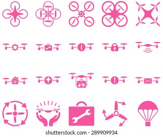 Air drone and quadcopter tool icons. Icon set style: flat vector images, pink symbols, isolated on a white background.