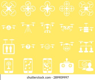 Air drone and quadcopter tool icons. Icon set style: flat vector images, white symbols, isolated on a yellow background.