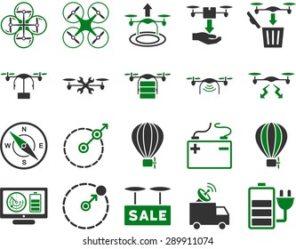 Air drone and quadcopter tool icons. Icon set style: flat vector bicolor images, green and gray symbols, isolated on a white background.