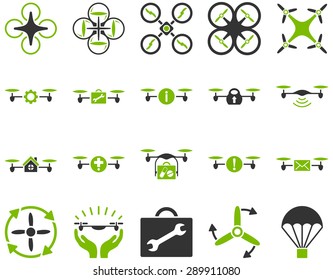 Air drone and quadcopter tool icons. Icon set style: flat vector bicolor images, eco green and gray symbols, isolated on a white background.