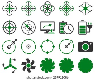 Air drone and quadcopter tool icons. Icon set style: flat vector bicolor images, green and gray symbols, isolated on a white background.