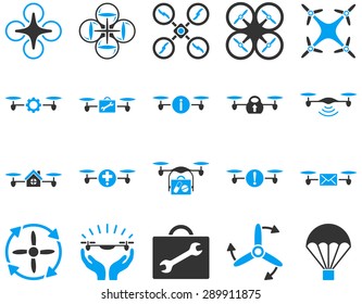 Air drone and quadcopter tool icons. Icon set style: flat vector bicolor images, blue and gray symbols, isolated on a white background.