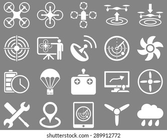Air drone and quadcopter tool icons. Icon set style: flat vector images, white symbols, isolated on a gray background.