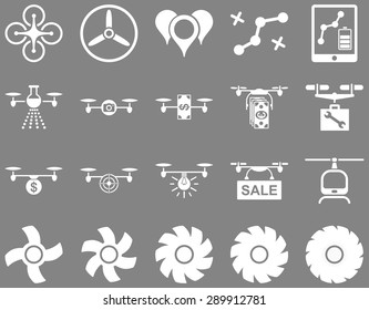 Air drone and quadcopter tool icons. Icon set style: flat vector images, white symbols, isolated on a gray background.