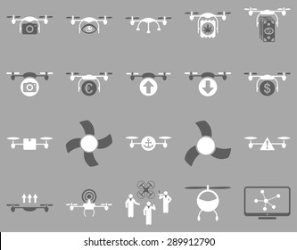 Air drone and quadcopter tool icons. Icon set style: flat vector bicolor images, dark gray and white symbols, isolated on a silver background.