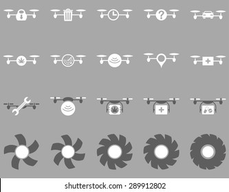 Air drone and quadcopter tool icons. Icon set style: flat vector bicolor images, dark gray and white symbols, isolated on a silver background.