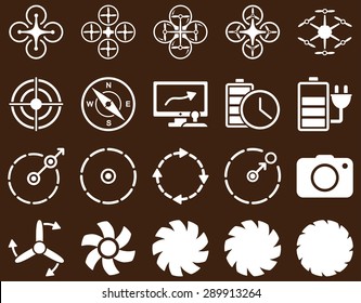 Air drone and quadcopter tool icons. Icon set style: flat vector images, white symbols, isolated on a brown background.