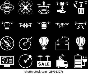 Air drone and quadcopter tool icons. Icon set style: flat vector images, white symbols, isolated on a black background.