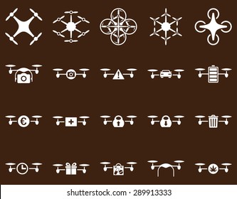 Air drone and quadcopter tool icons. Icon set style: flat vector images, white symbols, isolated on a brown background.