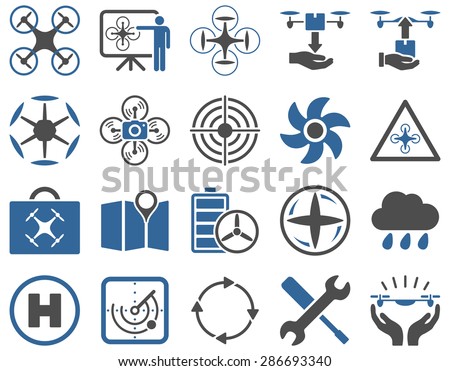 Air drone and quadcopter tool icons. Icon set style: flat vector bicolor images, cobalt and gray symbols, isolated on a white background.
