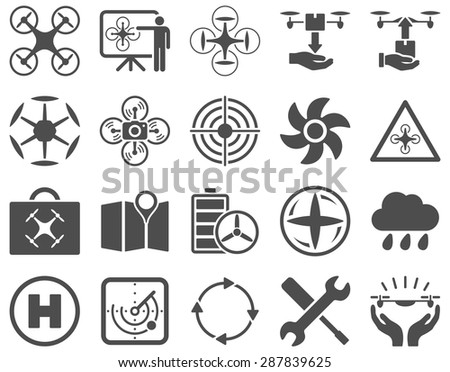 Air drone and quadcopter tool icons. Icon set style: flat vector images, gray symbols, isolated on a white background.
