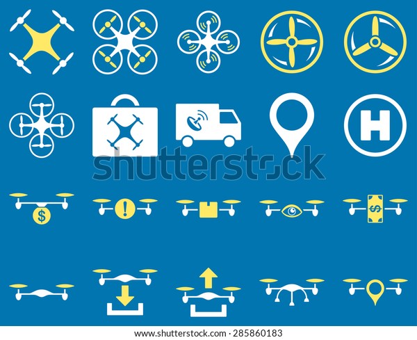 Air drone and quadcopter tool icons. Icon set\
style: flat vector bicolor images, yellow and white symbols,\
isolated on a blue\
background.