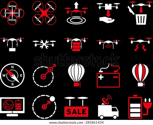 Air drone and quadcopter tool icons. Icon set\
style: flat vector bicolor images, red and white symbols, isolated\
on a black background.