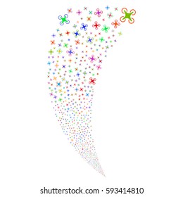 Air Drone random fireworks stream. Vector illustration style is flat bright multicolored iconic symbols on a white background. Object fountain done from scattered icons.