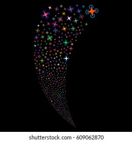 Air Drone random fireworks stream. Vector illustration style is flat bright multicolored iconic symbols on a black background. Object fountain combined from scattered design elements.