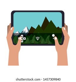 air drone remote control technology device with air landscape view cartoon vector illustration graphic design