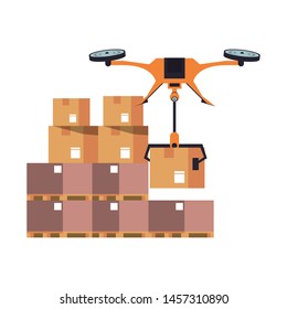 air drone remote control technology device delivery and logistic process with cardboard boxes in merchandise storage cartoon vector illustration graphic design