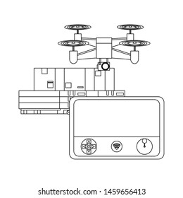 air drone remote control technology device delivery and logistic process with cardboard boxes in merchandise storage cartoon vector illustration graphic design
