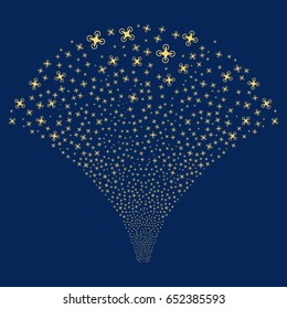 Air Drone salute stream. Vector illustration style is flat yellow iconic symbols on a blue background. Object fireworks fountain made from random icons.