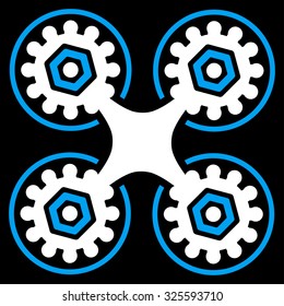 Air Drone vector icon. Style is bicolor flat symbol, blue and white colors, rounded angles, black background.