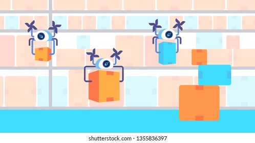air drones carrying express packages automatic logistic management concept modern warehouse quadcopters flying with box in storehouse horizontal flat