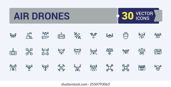 Colección de ícono de Air Drones. Contiene íconos como helicóptero, quad copter, vuelo, Aéreas, aviación, dispositivo y más. Colección de símbolo de contorno. Esquema y pictograma sólido.