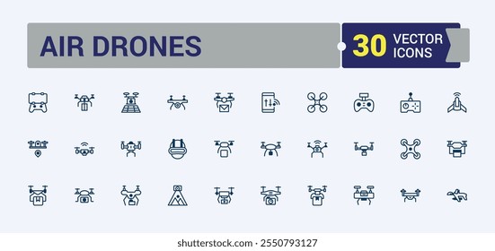 Colección de ícono de Air Drones. Contiene íconos como helicóptero, quad copter, vuelo, Aéreas, aviación, dispositivo y más. Colección de símbolo de contorno. Esquema y pictograma sólido.