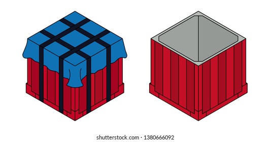 Air drop box from the game PlayerUnknown’s Battlegrounds. Closed and open box. PUBG. Isometric container. Battle royal concept. Clean and modern vector illustration for design, web.