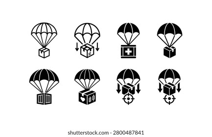 Air drop delivery parachute with package cargo icon series.