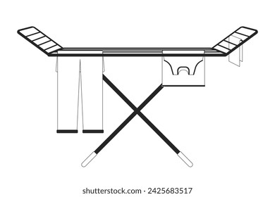 Air dry clothes rack black and white 2D line cartoon object. Laundry hanging on rack isolated vector outline item. Housekeeping chores housework. Air drying cloth monochromatic flat spot illustration