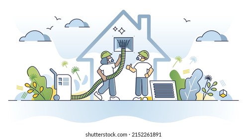 Air duct cleaning service for clean house ventilation pipes outline concept. Technician with compressor taking care of home climate control maintenance for breathing quality vector illustration.