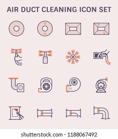 Air duct pipe and cleaning work icon set, color and outline.
