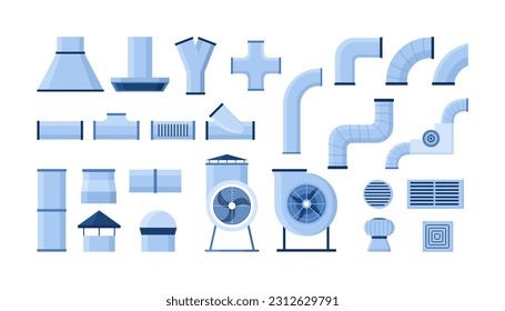 Air duct set vector illustration. Cartoon isolated ventilation and equipment for cleaning air collection with industrial ventilators, ductwork pipes system and tubes, vents and fittings, chimney
