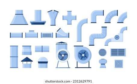 Luftkanalsatz, Vektorgrafik. Cartoon-isolierte Lüftung und Ausrüstung für die Reinigung der Luftsammlung mit Industrieventilatoren, Rohrleitungsrohren, Rohrleitungen, Lüftungsschlitze und Armaturen, Schornstein