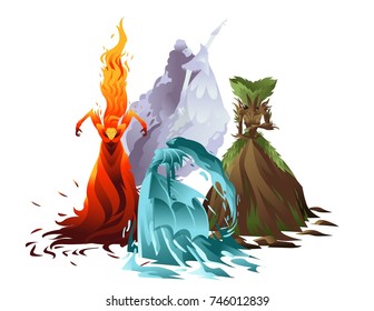 air, earth, fire and water elementals fantasy creatures